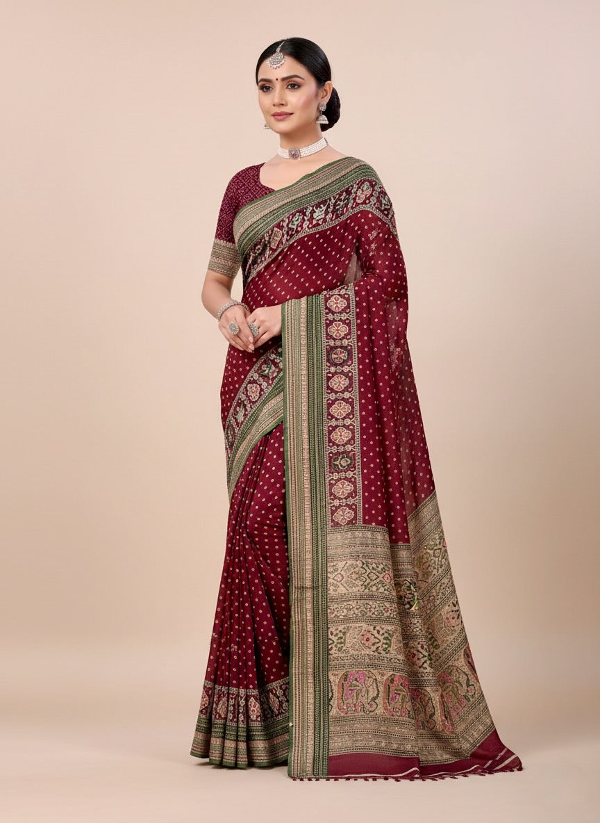Amish Handwork Less patta maroon sari